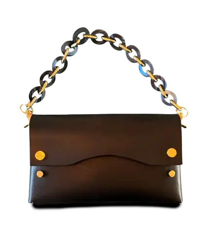 black leather clutch with acrylic handle